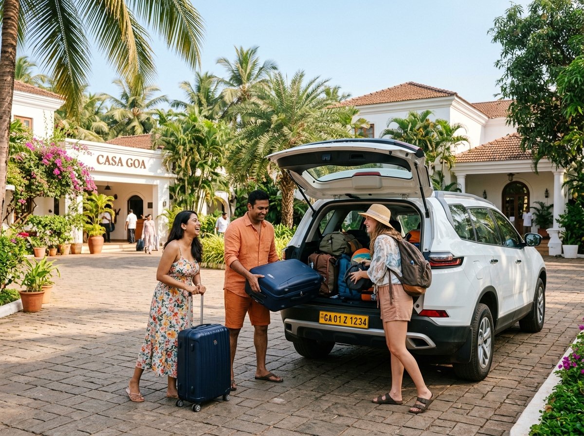 Family packing luggage in SUV at Goa resort
